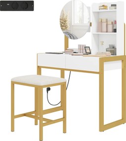 HOMCOM Masă de machiaj cu oglindă și taburet, stație de încărcare, masă de machiaj cu 2 sertare, 3 rafturi deschise, alb | Aosom Romania