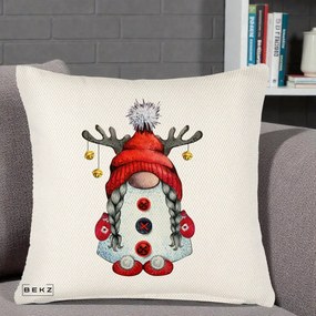Perna Decorativa Pitic Gnom Craciun cu Coarne de Ren, 40x40 cm, Crem Reliefat, Husa Detasabila, Perna Inclusa, BEKZ®