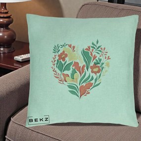 Perna Decorativa Inima Florala Botanica, 40x40 cm, Verde Menta, Husa Detasabila, Perna Inclusa, BEKZ®