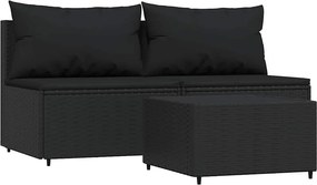 vidaXL Set mobilier de grădină cu perne, 3 piese, negru, poliratan