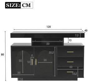 Comodă cu LED, cu 3 sertare și 2 uși, cu lumini LED 16 culori, 120x40x80 cm, comodă modernă pentru living sau bucătărie, negru