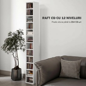 HOMCOM Raft Bibliotecă pentru CD-uri cu 12 rafturi, din MDF și panou aglomerat, 21x20x175 cm, Alb | Aosom Romania