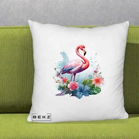 Perna Decorativa Flamingo cu Flori Tropicale Acuarela, 40x40 cm, Alb Pufos, Husa Detasabila, Perna Inclusa, BEKZ®