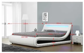Pat tapitat cu led ,piele ecologica alb negru, cu lada si somiera inclinabila inclusa,Bortis Impex 160x200 cm -loc saltea