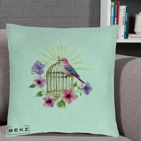 Perna Decorativa Pasare Roz pe Colivie Aurie cu Flori, 40x40 cm, Verde Menta, Husa Detasabila, Perna Inclusa, BEKZ®