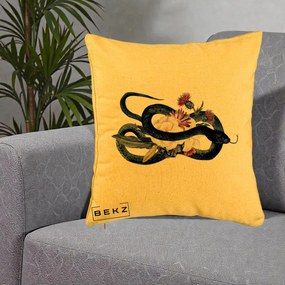 Perna Decorativa Sarpe Negru cu Flori Gothic, 40x40 cm, Galben, Husa Detasabila, Perna Inclusa, BEKZ®