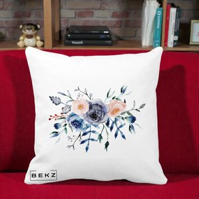 Perna Decorativa Buchet Flori Albastre Acuarela, 40x40 cm, Alba Mata, Husa Detasabila, Perna Inclusa, BEKZ®