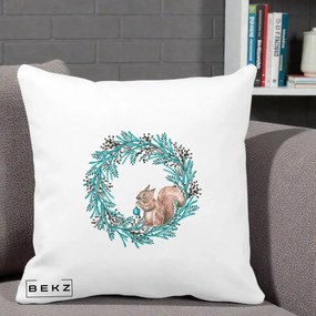 Perna Decorativa Coroana Turcoaz cu Veverita, 40x40 cm, Alba Mata, Husa Detasabila, Perna Inclusa, BEKZ®