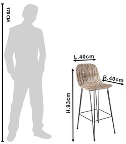 Scaun bar din rachită și metal, 40x40x93 cm, stil Country Chic