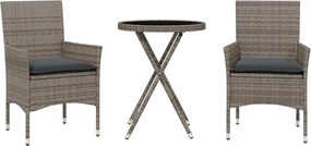 vidaXL Set bistro cu perne, 3 piese, gri, poliratan și sticlă