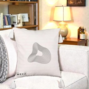 Perna Decorativa Abstract Linii Organice, 40x40 cm, Bej cu Franjuri, Husa Detasabila, Perna Inclusa, BEKZ®