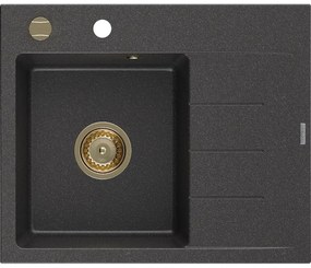 Mexen Ben chiuvetă de granit cu 1 compartiment și scurgător, stânga, 600 x 500 mm, negru cu pete, sifon auriu