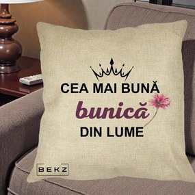 Cadou pentru Bunica - Perna Personalizata Cea Mai Buna Bunica Din Lume Coroana Mov Floare Roz, 40x40 cm, Crem, Husa Detasabila, Perna Inclusa, BEKZ®