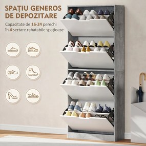 HOMCOM Scarpieră Economisitoare de Spațiu Modernă cu 4 Ante pentru 16 Perechi de Pantofi, 62.5x26x156 cm, Gri Ciment | Aosom Romania