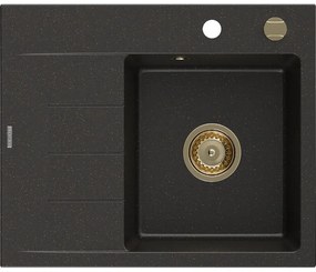 Mexen Ben chiuvetă de granit cu 1 cuvă și picurător dreapta 600 x 500 mm, negru/auriu metalizat, sifon auriu - 6523605000-75-G