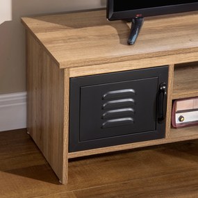 HOMCOM Comodă TV 110 cm, Design Industrial, cu 2 dulapuri, 2 nișe, 2 orificii pentru cabluri, Aspect lemn cu vene, Uși metal negre | Aosom Romania