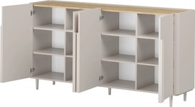 Comodă cu patru uși pe picioare Amilio 200 cm - cashmir / stejar uleiat / mânere cashmir