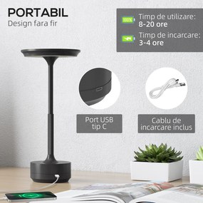 HOMCOM Lampa de Masa fara Cablucu Baterie Reincarcabila de 4000mAh, 3 Culori, Lampa Tactila LED pentru Dormitor, Camera de Zi, Negru | Aosom Romania