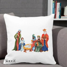 Perna Decorativa Nasterea Domnului Cei Trei Magi Acuarela, 40x40 cm, Alba Mata, Husa Detasabila, Perna Inclusa, BEKZ®