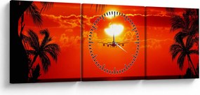 Tablou - apus de soare cu avion (cu ceas) (90x30 cm)