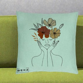 Perna Decorativa Portret Feminin Coroana Trei Flori, 40x40 cm, Verde Menta, Husa Detasabila, Perna Inclusa, BEKZ®