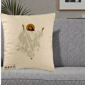 Perna Decorativa Iisus Hristos Invierea Silueta Minimalista, 40x40 cm, Bej, Husa Detasabila, Perna Inclusa, BEKZ®