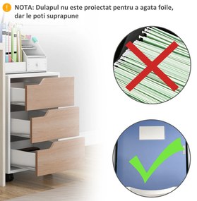 Comoda din MDF cu 3 Sertare si 4 roti cu rotatie de 360 ° (2 cu frane), pentru Birou sau Studio Alba si Lemn 31x37x7.2cm HOMCOM | Aosom Romania