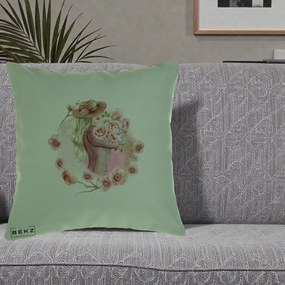 Perna Decorativa Femeie cu Flori Roz Acuarela, 40x40 cm, Verde, Husa Detasabila, Perna Inclusa, BEKZ®