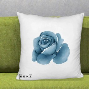 Perna Decorativa Trandafir Albastru Acuarela, 40x40 cm, Alb Pufos, Husa Detasabila, Perna Inclusa, BEKZ®