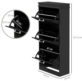 HOMCOM Dulap pentru Depozitarea Pantofilor cu 3 Sertare Rabatabile pentru 15 Perechi de Pantofi, 54x24x117,5 cm, Negru | Aosom Romania