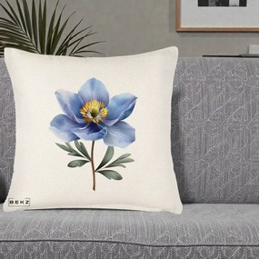 Perna Decorativa Anemona Albastra Botanica, 40x40 cm, Crem Reliefat, Husa Detasabila, Perna Inclusa, BEKZ®