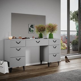 Masuta machiaj cu Oglinda LED si 7 Sertare pentru Cosmetice, Set Masa toaleta 150 cm, Gri, masuta cosmetica, vanity - SEG213