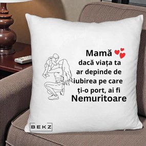 Cadou pentru Mama - Perna Personalizata Mama Nemuritoare Portret Graphic, 40x40 cm, Alb Pufos, Husa Detasabila, Perna Inclusa, BEKZ®