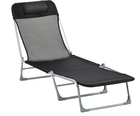 Outsunny Șezlong Pliabil cu Spătar Reglabil pe 5 Nivele și Pernă, Șezlong de Grădină cu Material Respirabil Textilen, pentru Plajă, Piscină, Grădină, 182x56x28 cm, Negru | Aosom Romania