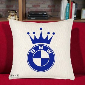 Perna Personalizata cu emblema BMW si Coroana, 40x40 cm, Crem Reliefat, Husa Detasabila, Perna Inclusa, BEKZ®