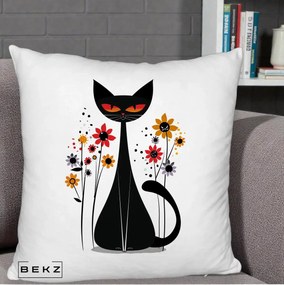 Perna Decorativa Pisica Neagra Ochi Rosii Flori, 40x40 cm, Alb Pufos, Husa Detasabila, Perna Inclusa, BEKZ®