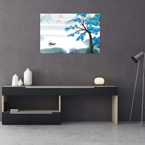 Tablou - Pictură, lac cu barcă (90x60 cm)