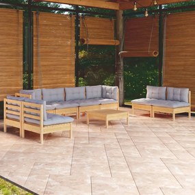 3096237 vidaXL Set mobilier de grădină cu perne gri, 9 piese, lemn masiv pin