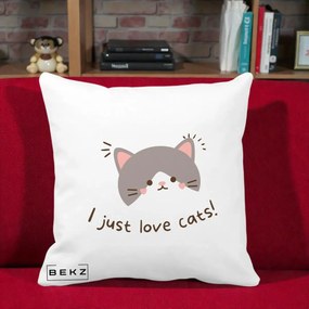 Perna Personalizata I Just Love Cats Pisica Kawaii, 40x40 cm, Alba Mata, Husa Detasabila, Perna Inclusa, BEKZ®