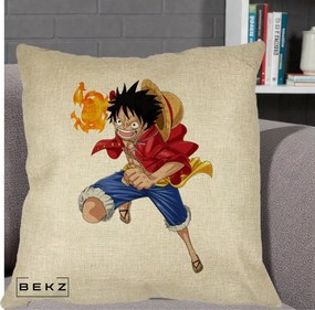 Perna Personalizata One Piece Luffy Gear Second Foc, 40x40 cm, Crem, Husa Detasabila, Perna Inclusa, BEKZ®