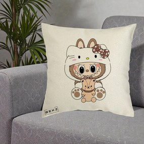 Perna Personalizata Labubu x Hello Kitty Maro-Vintage, 40x40 cm, Ecru, Husa Detasabila, Perna Inclusa, BEKZ®