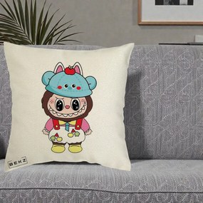 Perna Personalizata Labubu x Urs Albastru Colorat, 40x40 cm, Ecru, Husa Detasabila, Perna Inclusa, BEKZ®