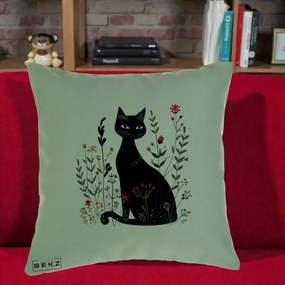 Perna Decorativa Pisica Neagra Botanica Rosu-Gri, 40x40 cm, Verde, Husa Detasabila, Perna Inclusa, BEKZ®