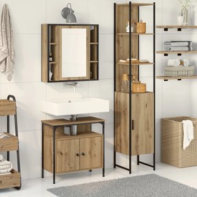 vidaXL Set de mobilier de baie - 3 piese - Lemn de stejar artizanal.