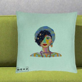 Perna Decorativa Portret Femeie Etnic Colorat, 40x40 cm, Verde Menta, Husa Detasabila, Perna Inclusa, BEKZ®