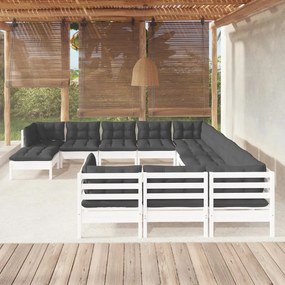 3097068 vidaXL Set mobilier de grădină cu perne, 12 piese, alb, lemn de pin