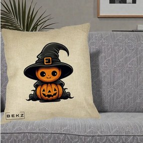 Perna Decorativa Halloween Dovleac Vrajitor Kawaii, 40x40 cm, Crem, Husa Detasabila, Perna Inclusa, BEKZ®