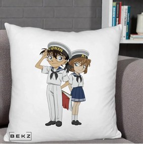 Perna Personalizata Detective Conan Conan si Ai Sailor, 40x40 cm, Alb Pufos, Husa Detasabila, Perna Inclusa, BEKZ®