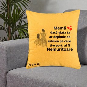 Cadou pentru Mama - Perna Personalizata Mama Nemuritoare Line Art, 40x40 cm, Galben, Husa Detasabila, Perna Inclusa, BEKZ®