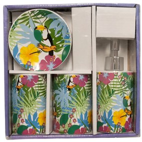 Set 4 accesorii baie, model tropical, dozatorul de sapun 300 ml